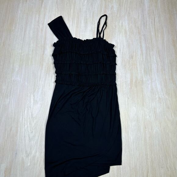 Anthropologie Leifnotes Black One Shoulder Ruffle Divergent Mock Wrap Dress S - Picture 14 of 14